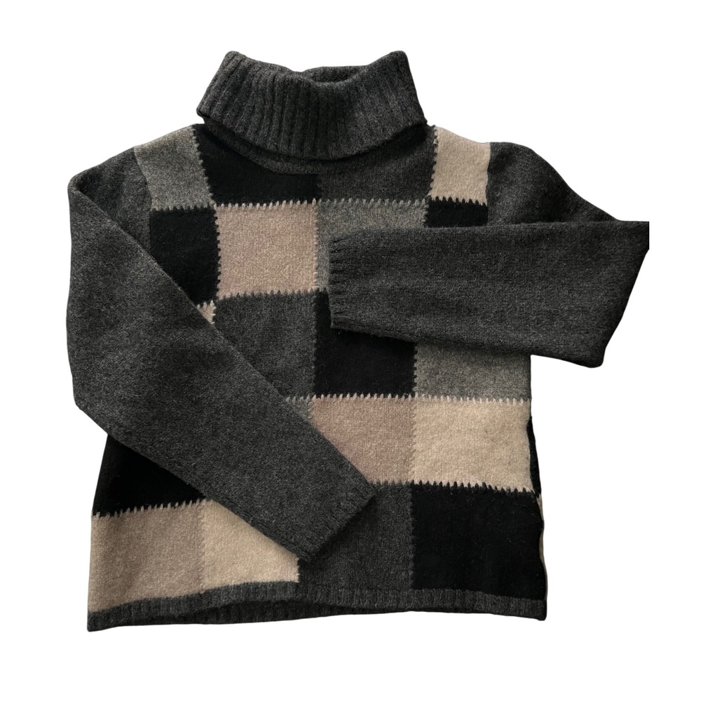 Eddie Bauer Vintage Lambswool Patchwork Turtleneck Sweater Grey Black Large
